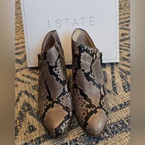 1. State Taupe and Black Snake-Print Ankle Booties